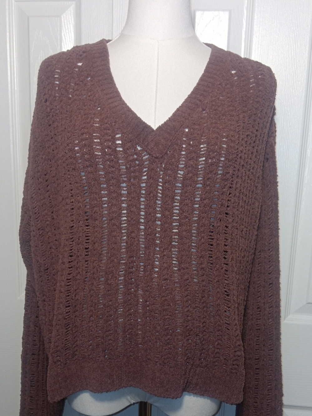 Love Tree Mauve Ribbed Open-Knit V-Neck Chunky Sweater